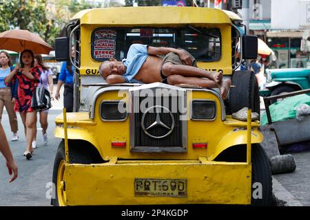 Manila, Manila, The Philippines. 6th Mar, 2023. A driver taking part in a strike sleeps on his jeepney in downtown Manila, amid the nationwide 7-day strike against the government's transport modernisation programme which aims to replace old vehicles. Credit: ZUMA Press, Inc. Credit: ZUMA Press, Inc./Alamy Live News Stock Photo