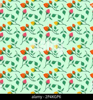 Elegant seamless pattern with floral motif made of yellow red and pink rose flowers on green backdrop Stock Vector
