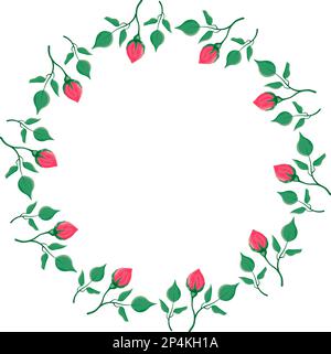 Elegant circle border with floral pattern motif made of pink rose flowers with leaves Stock Vector