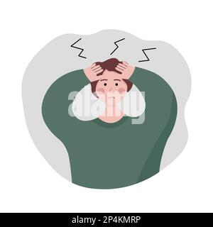 Headache illness expression illustration. Migraine pain man holding his head. Brain cancer issues concept. Stock Vector