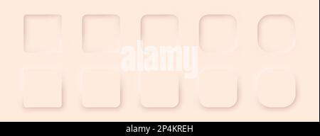 Square buttons in a neomorphic style. A set of beige-colored user interface design elements. Stock Vector