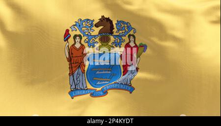 Close-up of the New Jersey state flag. Coat of arms on buff background. US state. Rippled fabric. Textured background. 3d illustration render. Close-u Stock Photo