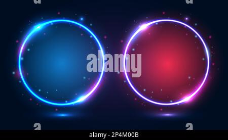 Round neon frames with shining effects and highlights on a dark background. Stock Vector