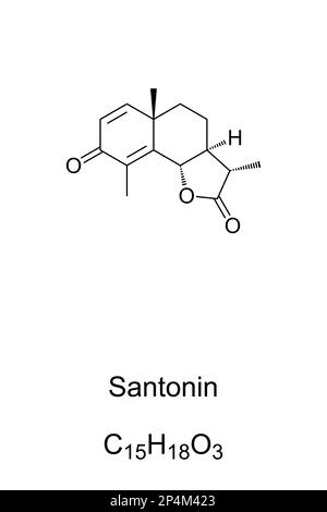 Santonin, chemical formula. Extracted from sea wormwood, Artemisia maritima, it was a drug, widely used as anthelmintic, to expel parasitic worms. Stock Photo