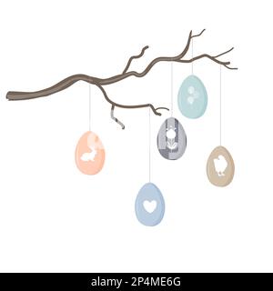 Tree branch decorated with painted Easter eggs. Spring decoration design element. Vector illustration isolated on white Stock Vector