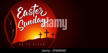 Easter Sunday calligraphy banner, tomb and cross on Calvary. Christ our Passover, lettering and rock rolled away from the cave. Vector illustration Stock Vector