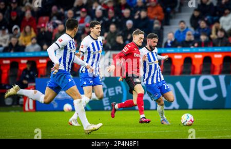 Leverkusen, Germany. 5th Mar, 2023.  Florian Wirtz (Leverkusen), Marco Richter (Hertha), Agustin Rogel (Hertha) Bayer Leverkusen - Hertha BSC Berlin B Stock Photo