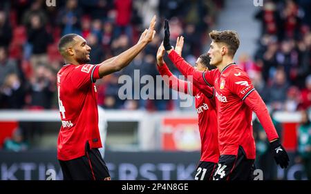 Leverkusen, Germany. 5th Mar, 2023.  Jonathan Tah (Leverkusen), Patrik Schick (Leverkusen), Amine Adli (Leverkusen) Bayer Leverkusen - Hertha BSC Berl Stock Photo