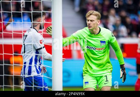 Leverkusen, Germany. 5th Mar, 2023.  Marvin Plattenhardt (Hertha), Torwart Oliver Christensen (Hertha) Bayer Leverkusen - Hertha BSC Berlin Bundesliga Stock Photo