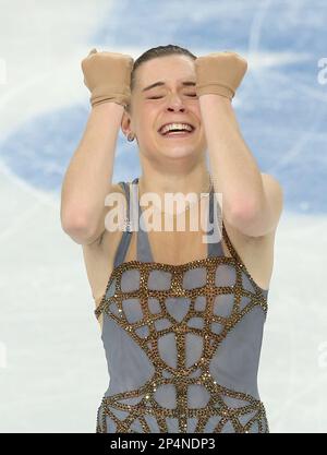 Russian's Adelina Sotnikova reacts after competing the women's short