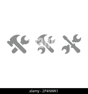 Hamer, wrench and screwdriver crossed vector icon set. Settings, under construction spanner fill icons. Stock Vector