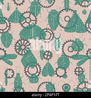 Steam punk vector seamless pattern with grunge vintage insects, cogwheels silhouette. Stock Vector