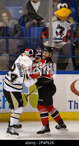 Wilkes-Barre/Scranton Penguins' Bobby Farnham, left, fights with Portland  Pirates' Brett Hextall as Penguins mascot Tux watches from the stands  during an AHL hockey game Friday, Feb. 7, 2014, at Mohegan Sun Arena