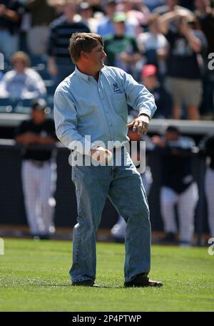 Roger Maris son Rudy Maris throws out the ceremonial first pitch for the  New York Yankees against the Pittsburgh Pirates March 18th, 2007 at Legends  Field in Tampa, Florida. (Mike Janes/Four Seam