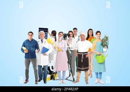 Choosing profession. People of different occupations on light blue background Stock Photo