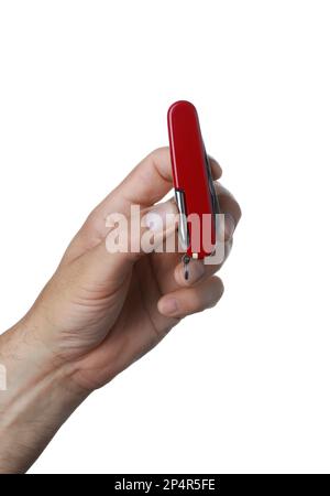 Man holding multitool on white background, closeup Stock Photo