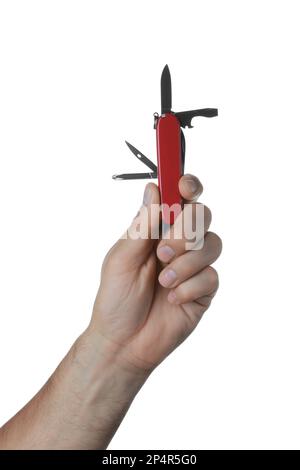 Man holding multitool on white background, closeup Stock Photo