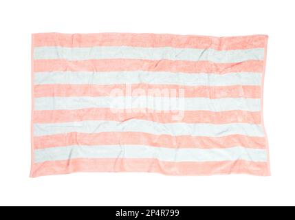 Crumpled striped beach towel isolated on white, top view Stock Photo