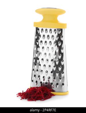Stainless steel grater and fresh beetroot on white background Stock Photo