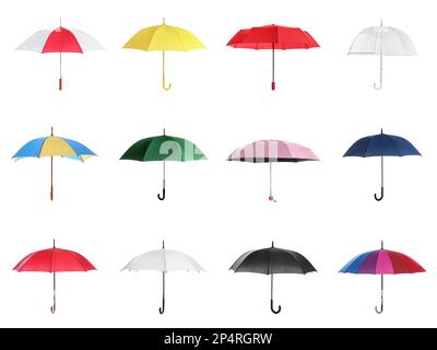 Set with different stylish umbrellas on white background Stock Photo