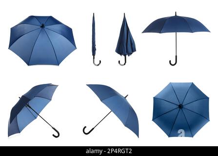 Set with stylish blue umbrellas on white background Stock Photo