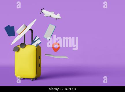 Yellow suitcase airplane ticket 3d rendering purple background banner.Modern creative travel advertising design. Traveler luggage Summer vacation airp Stock Photo