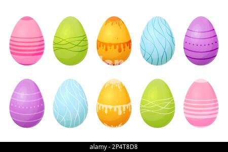 Easter egg hand painted colorful flat set. Geometric line dot wavy tint paint smudge pink green yellow blue purple cartoon sticker decorating holiday atmosphere spring break food traditional isolated Stock Vector