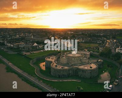 Aerial view of Deal Castle illuminated by golden sunset in Walmer, England Stock Photo