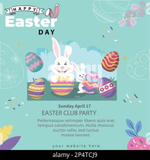 Easter poster background template with Easter eggs in the nest and Rabbit  ears on bule background.Greetings and presents for Easter Day in flat lay  styling.Promotion and shopping template for Easter Stock Vector