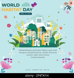 world habitat day lettering card with home environment Stock Vector