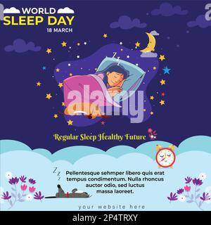 World Sleep Day Illustration Moon Template Design Vector - Sleeping Girl the moon and the sun under the covers. Stock Vector