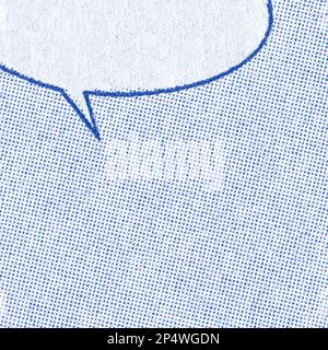 Vintage comic book page with blue dot printing pattern and white speech bubble on a paper texture background Stock Photo