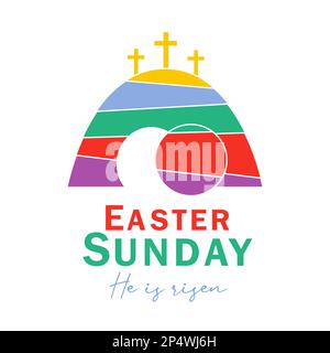 Easter Sunday, card for youth service. Christ our Passover, colored rock rolled away from the tomb and three crosses on Calvary. Vector illustration Stock Vector