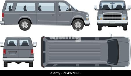 Grey passenger van vector template with simple colors without gradients and effects. View from side, front, back, and top Stock Vector