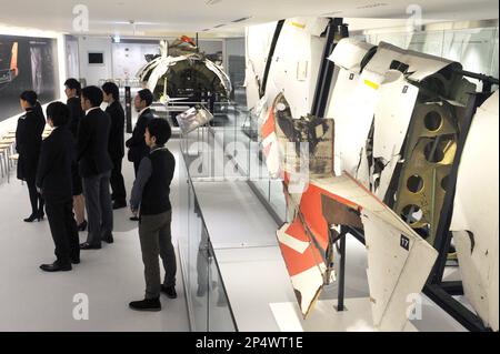 Parts from the JAL jumbo jet that crashed in 1985 are displayed at