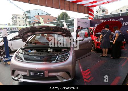 Yangon. 2nd Mar, 2023. This photo taken on March 2, 2023 shows BYD electric cars at the Pannita Auto Fair in Yangon, Myanmar. Myanmar has imported the first batch of Chinese-made battery electric vehicles (BEVs) in January in implementing its one-year pilot EV project. TO GO WITH 'Roundup: Myanmar imports Chinese battery electric vehicles for pilot project' Credit: Myo Kyaw Soe/Xinhua/Alamy Live News Stock Photo