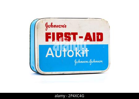 1960s metal tin containing johnsons vintage first aid kit for travel or car use autokit Stock Photo