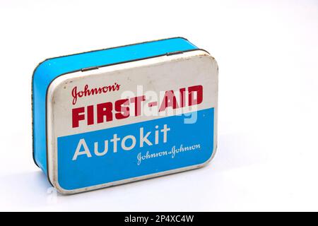 1960s metal tin containing johnsons vintage first aid kit for travel or car use autokit Stock Photo