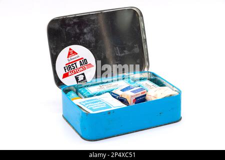 1960s metal tin containing johnson's vintage first aid kit for travel or car use Stock Photo