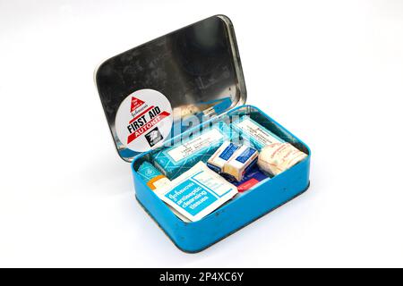 1960s metal tin containing johnson's vintage first aid kit for travel or car use Stock Photo