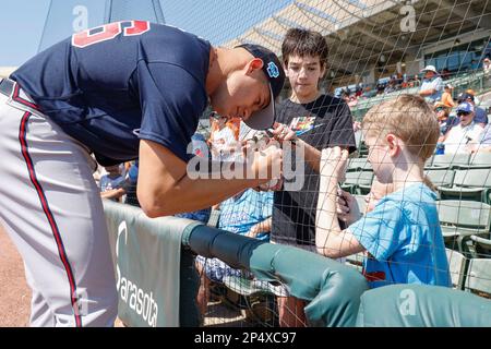 March 15, 2023, North Port FL USA; Atlanta Braves center fielder Michael  Harris II (23) hits a ground ball to to first base during an MLB spring  train Stock Photo - Alamy