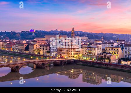 Florence, Italy overlooking the Arno River at twilight. Stock Photo