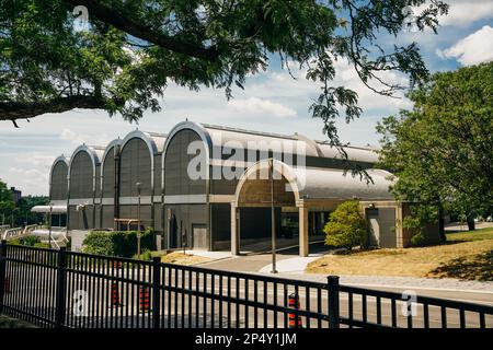 London, Ontario, Canada - Sep 2022 Aluminum sculpture of a white rhino by artist Tom Benner in front of Museum London. Stock Photo