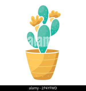 Beautiful blooming cactus. Indoor plant in a pot. Simple minimalistic flat illustration for sticker design, seed packaging, flower shop logo Stock Vector