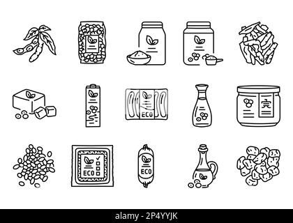 Soy products black line icons set. Vegeterian organic food. Stock Vector