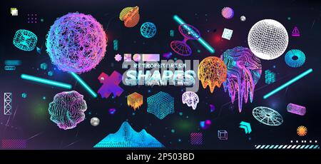 Modern 3D geometric shapes, trendy colors cyberpunk and Retrofuturism elements Stock Vector