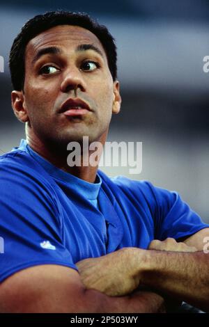 Juan Gonzalez of the Texas Rangers before a 2002 MLB season game against  the Los Angeles Angels at Angel Stadium, in Los Angeles, California. (Larry  Goren/Four Seam Images via AP Images Stock