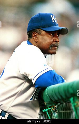 Frank White of the Kansas City Royals is shown at bat, date and