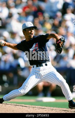 Shigetoshi Hasegawa of the Anaheim Angels during a game at Anaheim Stadium  in Anaheim, California during the 1997 season.(Larry Goren/Four Seam Images  via AP Images Stock Photo - Alamy