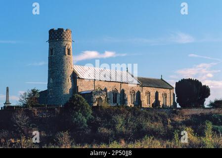 Round tower church, view of the medieval church of St Mary in Haddiscoe showing its distinctive Saxon era round tower, Norfolk, England, UK Stock Photo